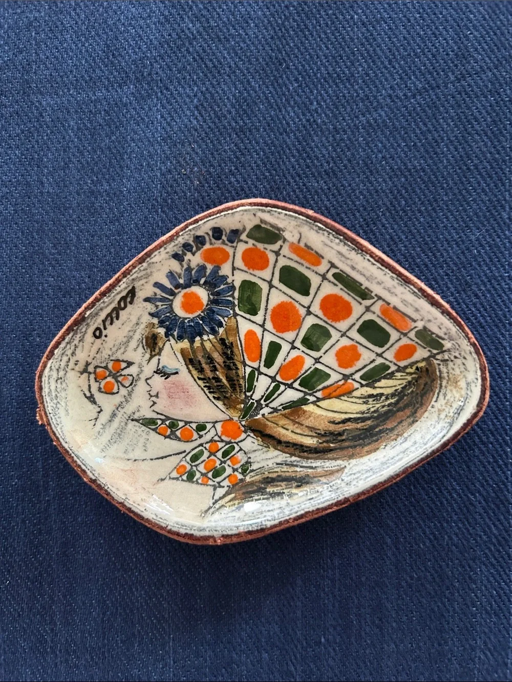 Vintage Italian Coccio Ceramic Trinket Dish, Shows Stylish Girl in Scarf, Signed